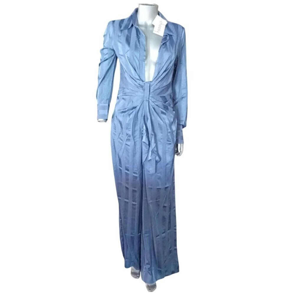 Choosy‎ Lafayette Womens Sz 4 Blue Striped Jumpsuit Pockets Front Tie Comfort H4 - Picture 2 of 12